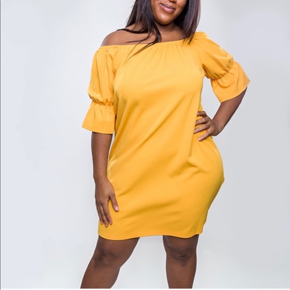 Mustard Off Shoulder Sleeved Dress